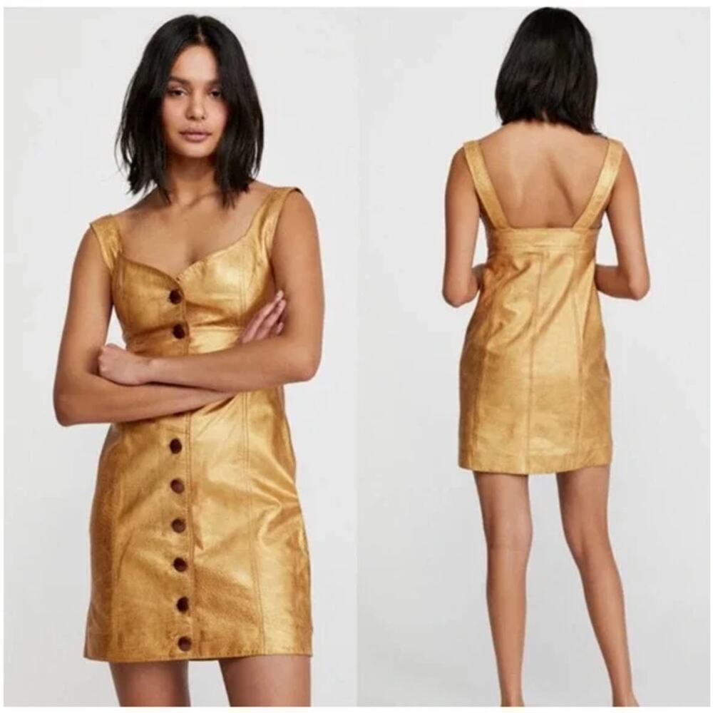 Free People Goldie Washed Cow Leather Mini Dress Bronze Gold Women's Size 8 NWT